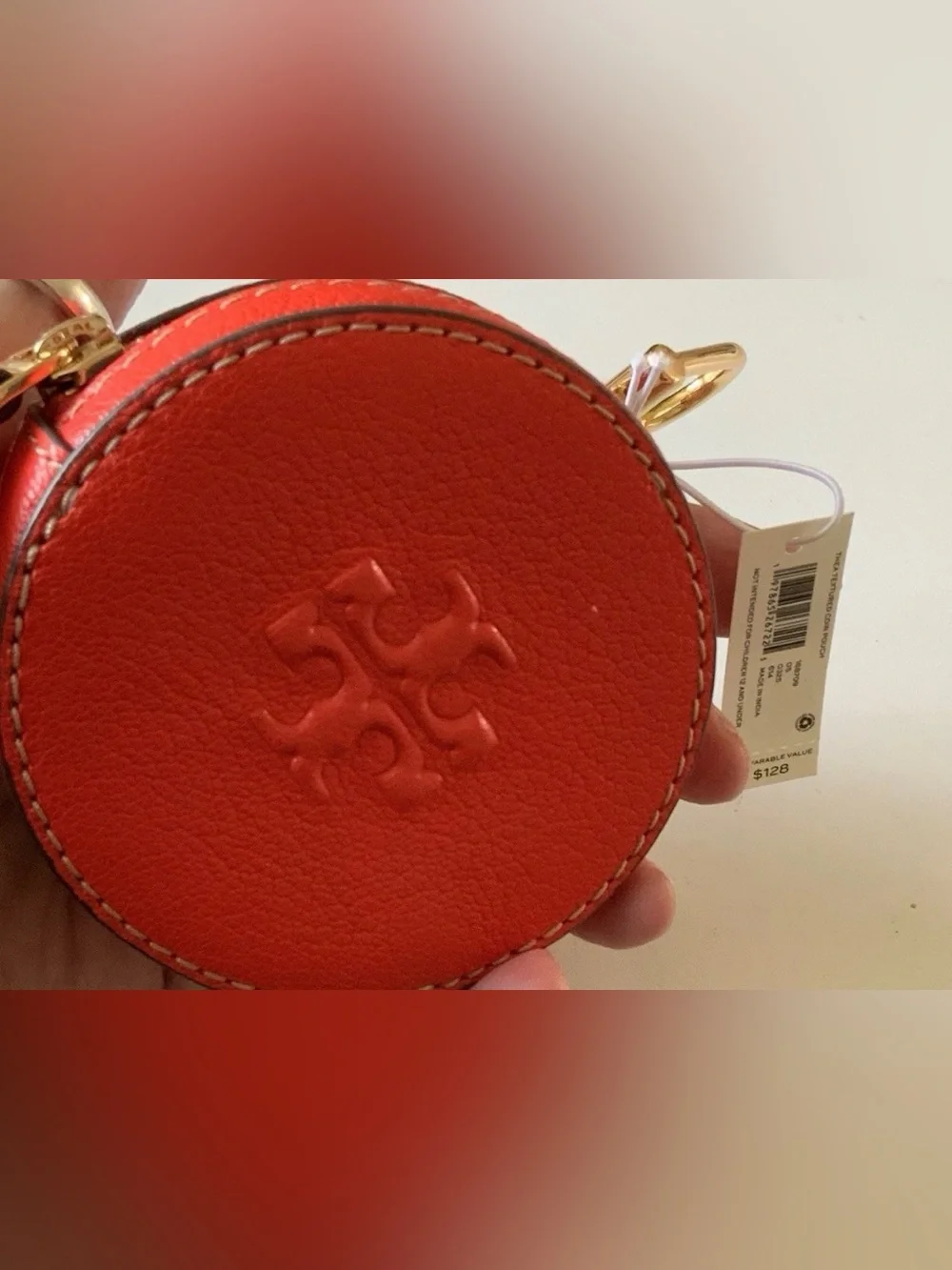 Tory Burch Round Embossed Leather Coin Case in Bright Orange-Red